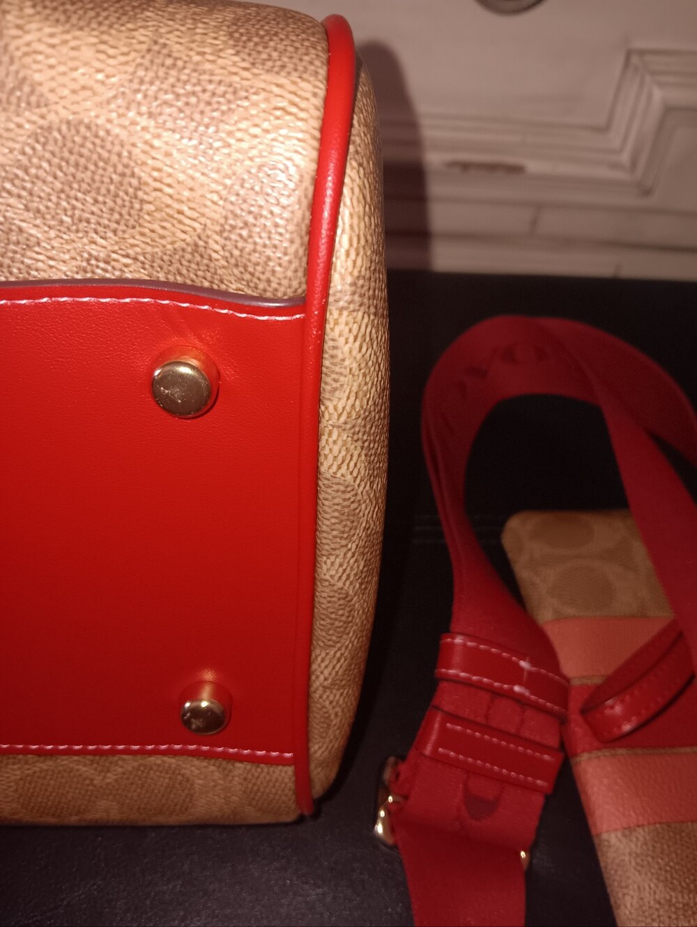 Coach Large Rowan Pink And Red Stripe Tan Signature With Wristlet And Strap - Picture 10 of 15